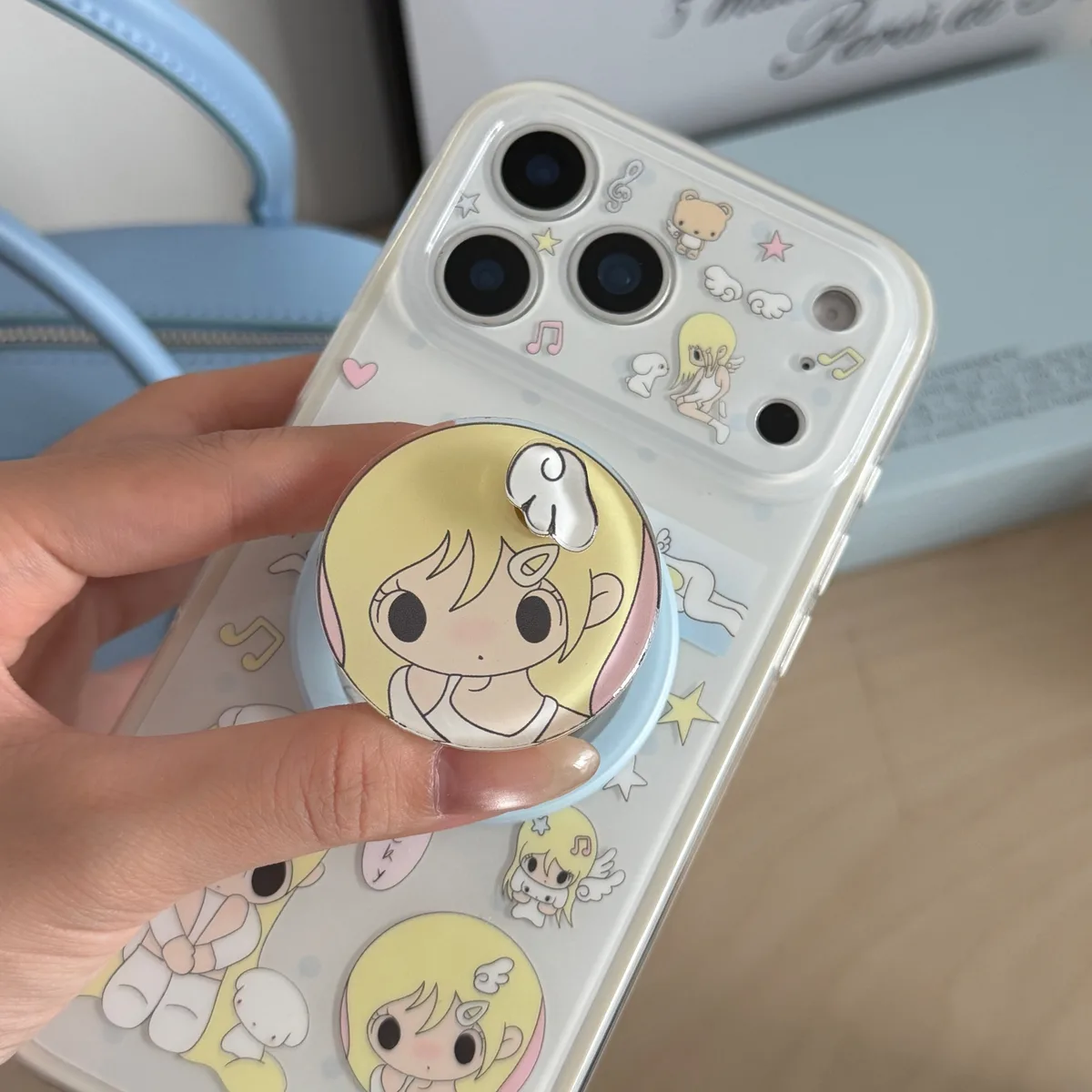 Cute blonde anime girl clear phone case with magnetic ring stand and charm strap for iPhone 17 16 15 Pro Max — MagSafe