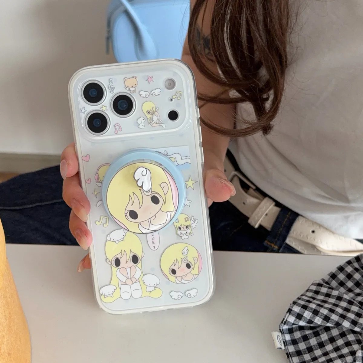 Cute blonde anime girl clear phone case with magnetic ring stand and charm strap for iPhone 17 16 15 Pro Max — MagSafe