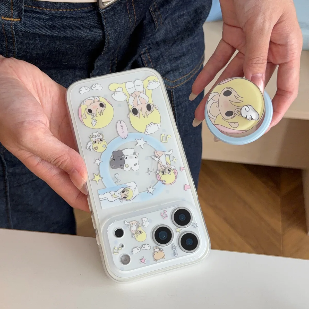 Cute blonde anime girl clear phone case with magnetic ring stand and charm strap for iPhone 17 16 15 Pro Max — MagSafe