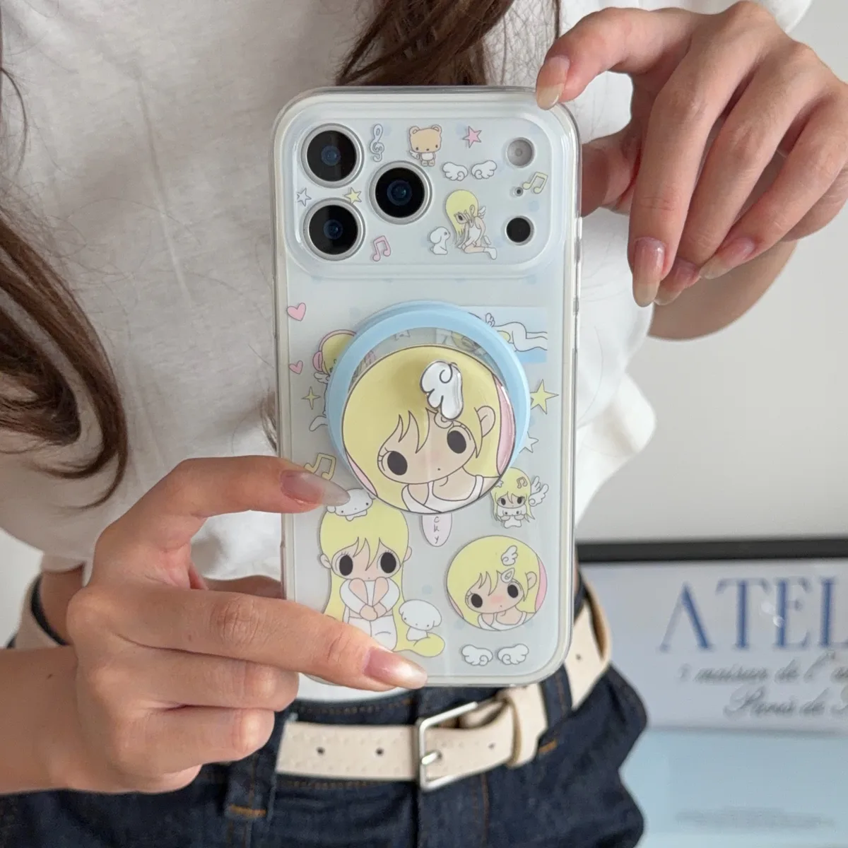 Cute blonde anime girl clear phone case with magnetic ring stand and charm strap for iPhone 17 16 15 Pro Max — MagSafe