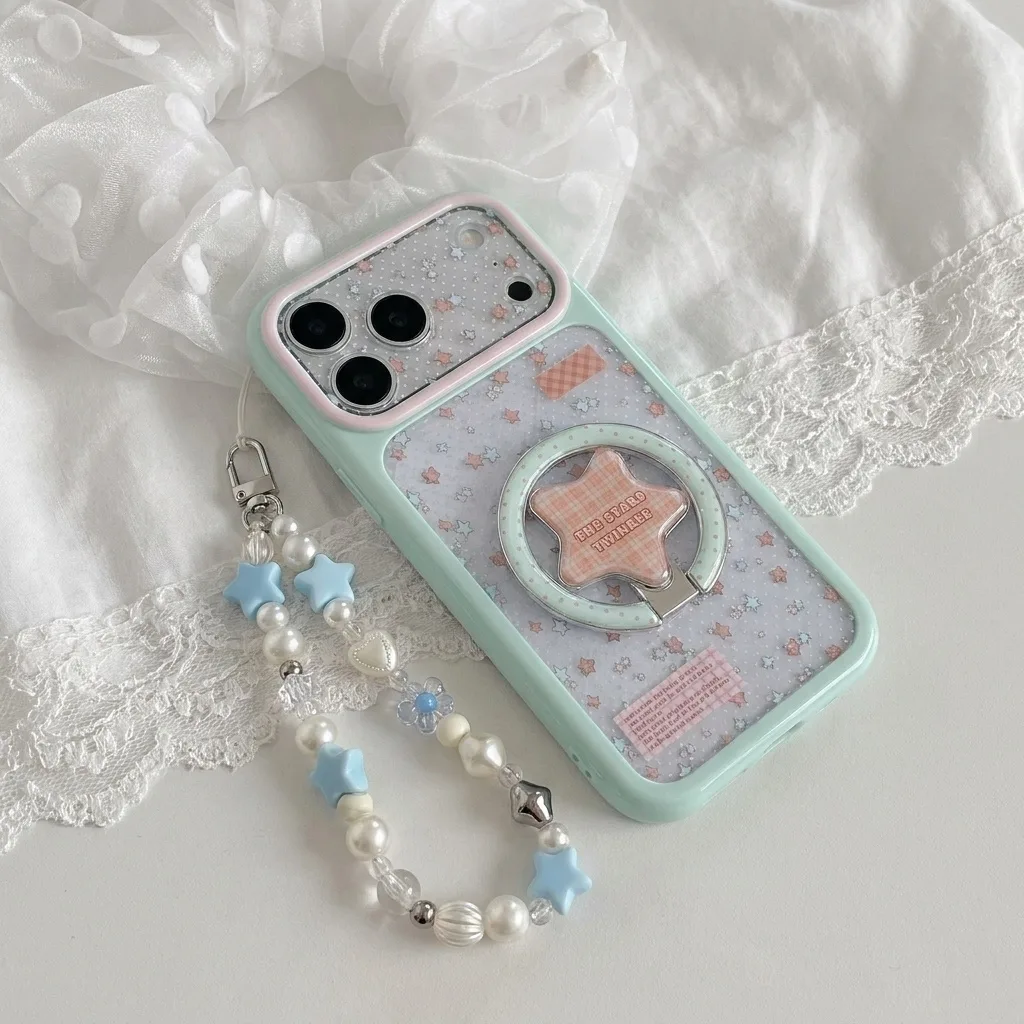 Pastel clear phone case with star print, ring stand, and beaded strap