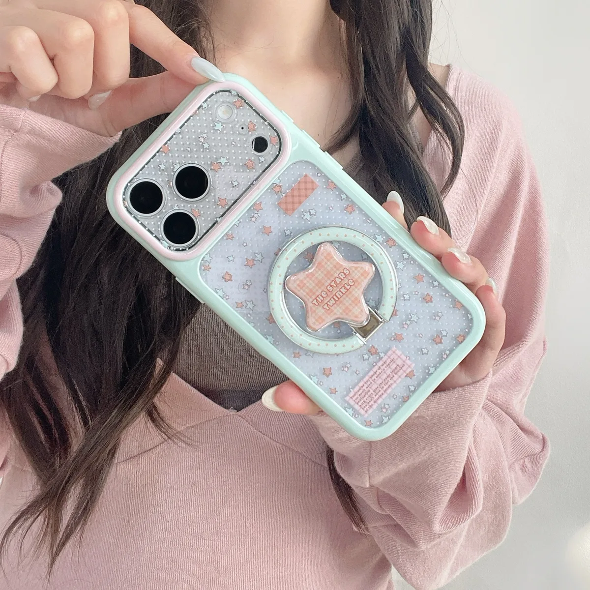 Pastel Star Clear Phone Case with Ring Stand and Beaded Strap for iPhone 17 16 15 Pro Max — MagSafe