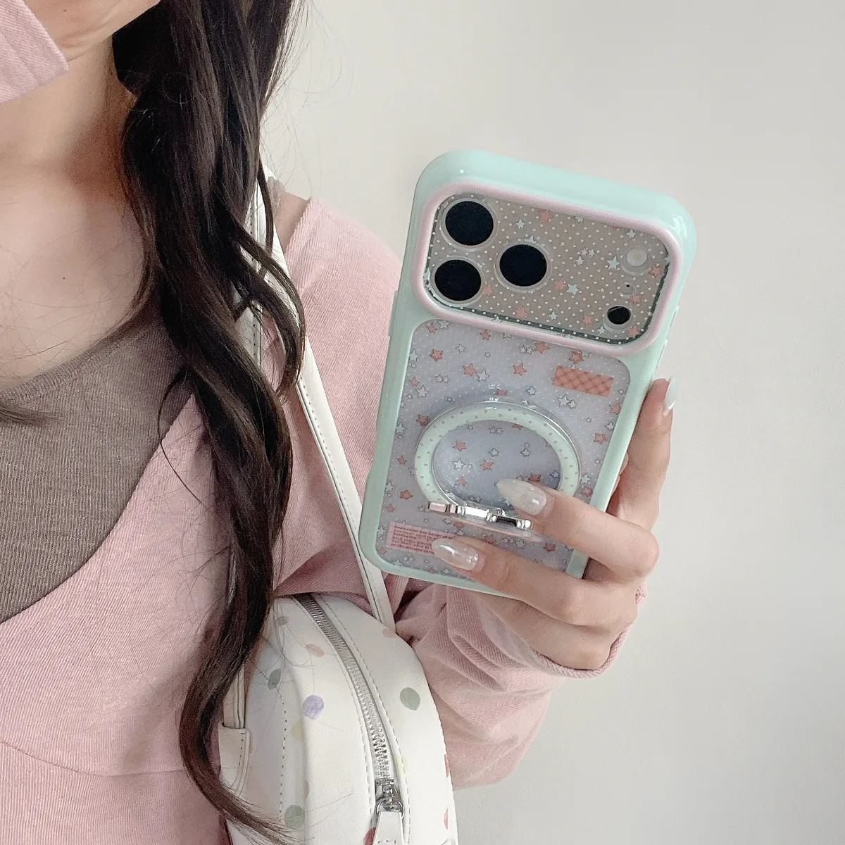 Pastel Star Clear Phone Case with Ring Stand and Beaded Strap for iPhone 17 16 15 Pro Max — MagSafe