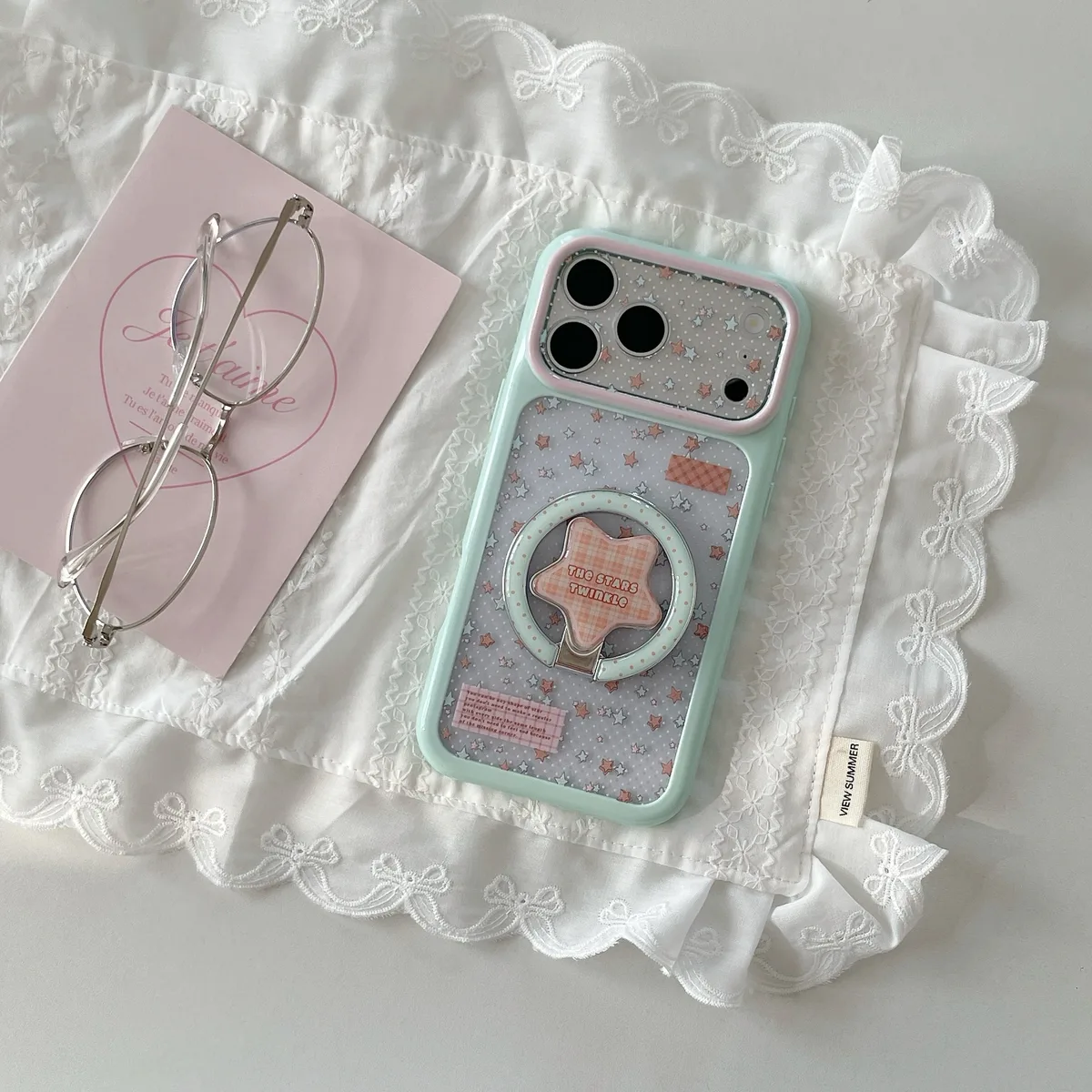 Pastel Star Clear Phone Case with Ring Stand and Beaded Strap for iPhone 17 16 15 Pro Max — MagSafe