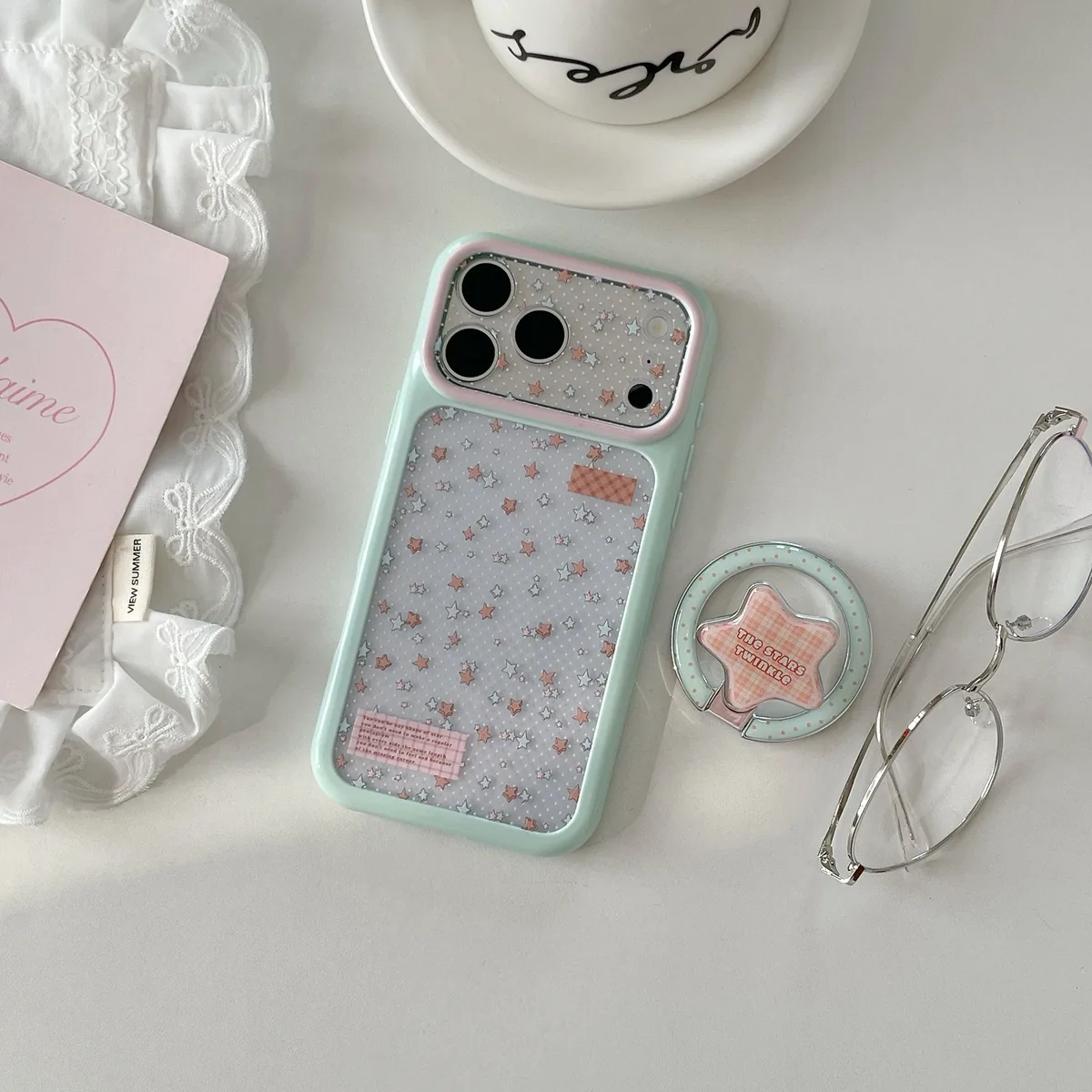 Pastel Star Clear Phone Case with Ring Stand and Beaded Strap for iPhone 17 16 15 Pro Max — MagSafe