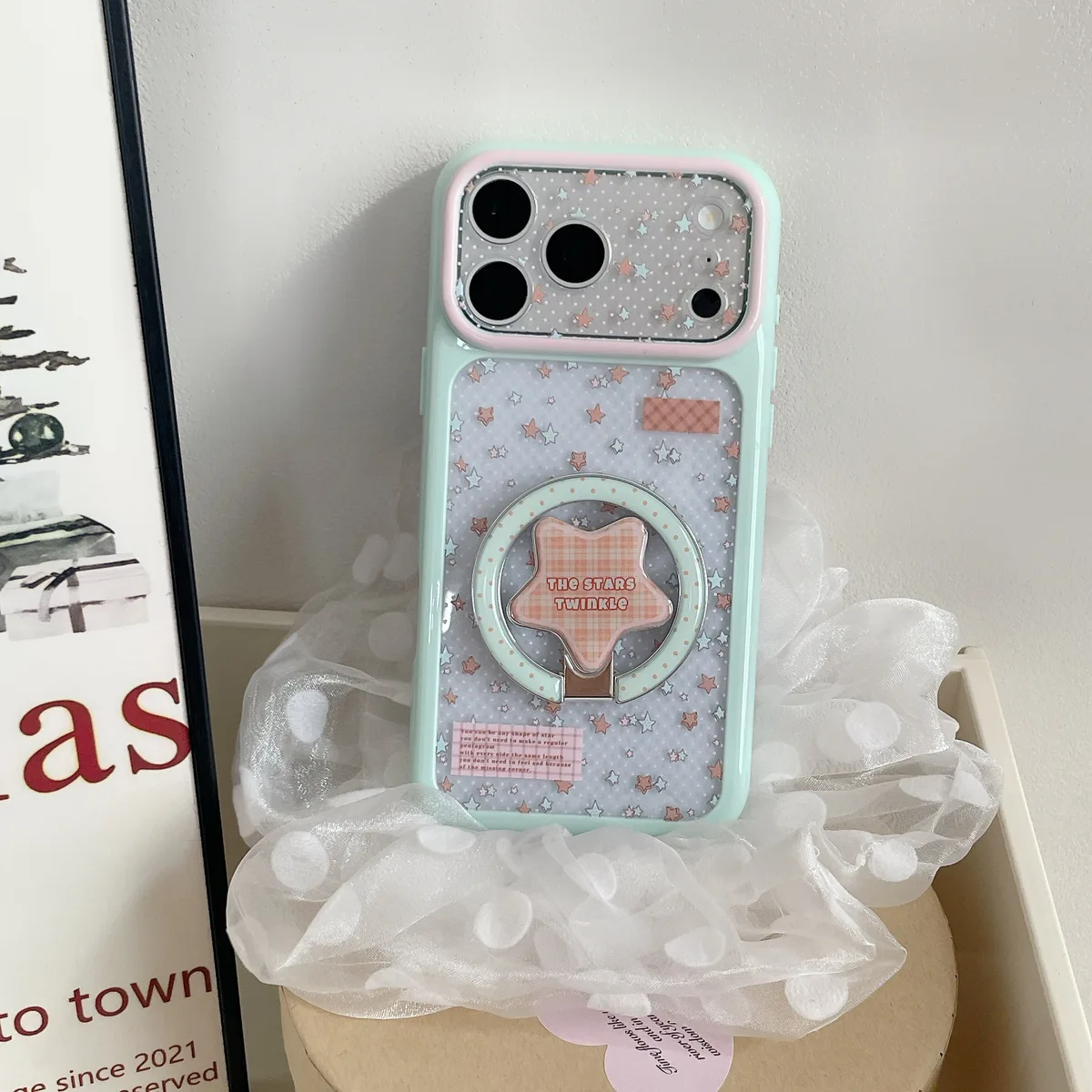 Pastel Star Clear Phone Case with Ring Stand and Beaded Strap for iPhone 17 16 15 Pro Max — MagSafe