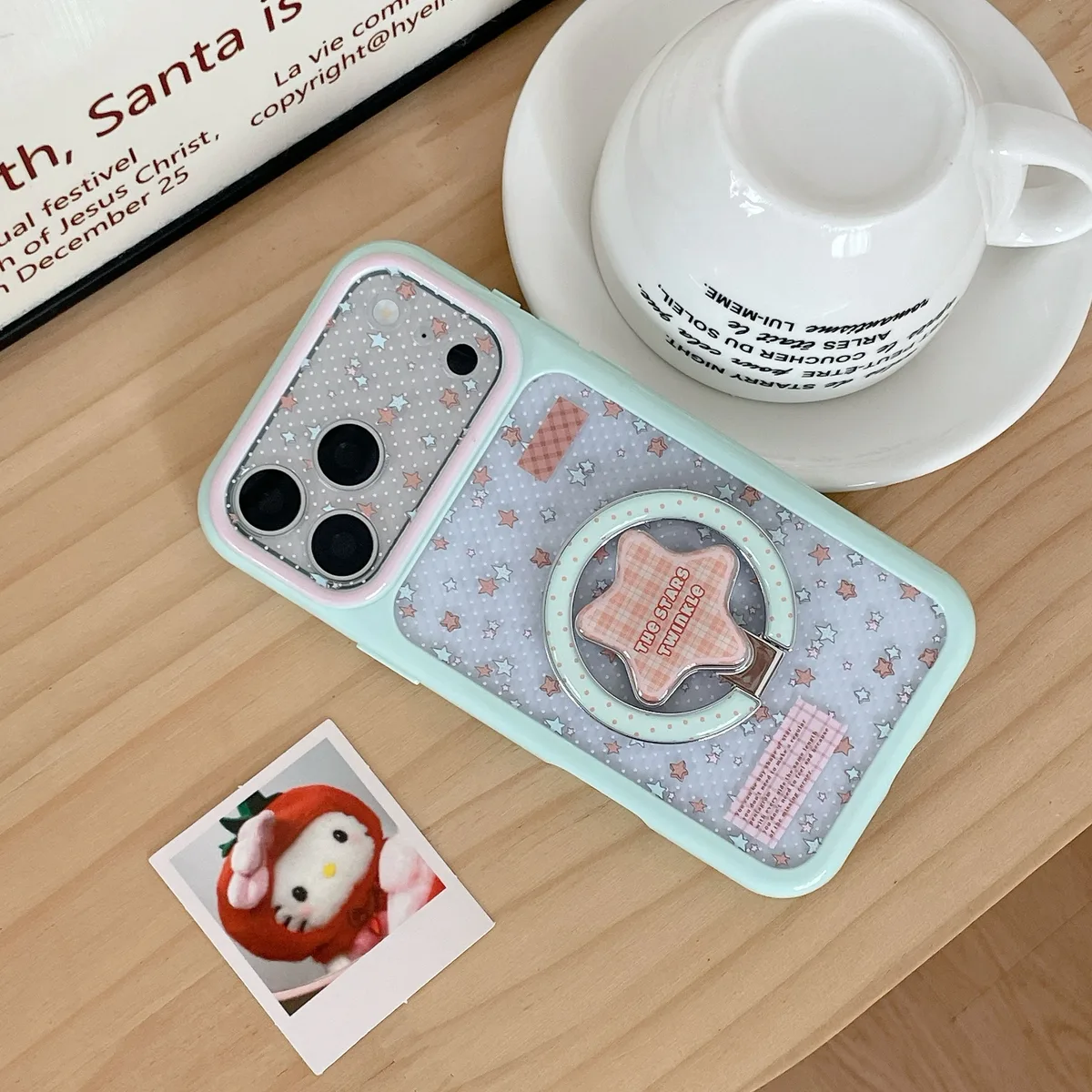 Pastel Star Clear Phone Case with Ring Stand and Beaded Strap for iPhone 17 16 15 Pro Max — MagSafe
