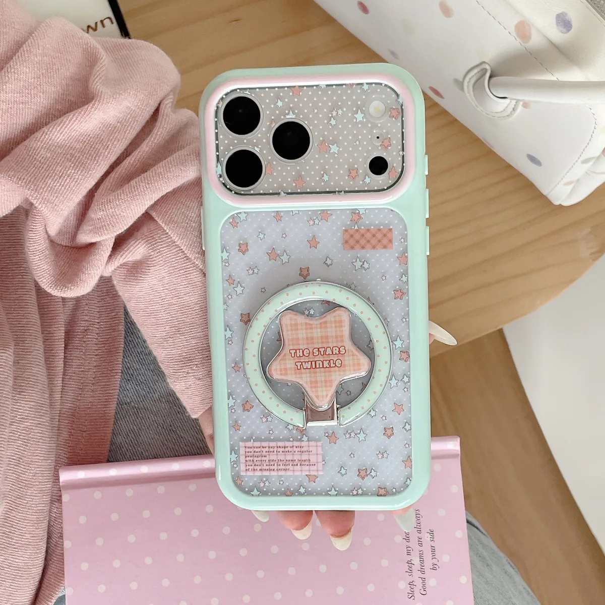 Pastel Star Clear Phone Case with Ring Stand and Beaded Strap for iPhone 17 16 15 Pro Max — MagSafe