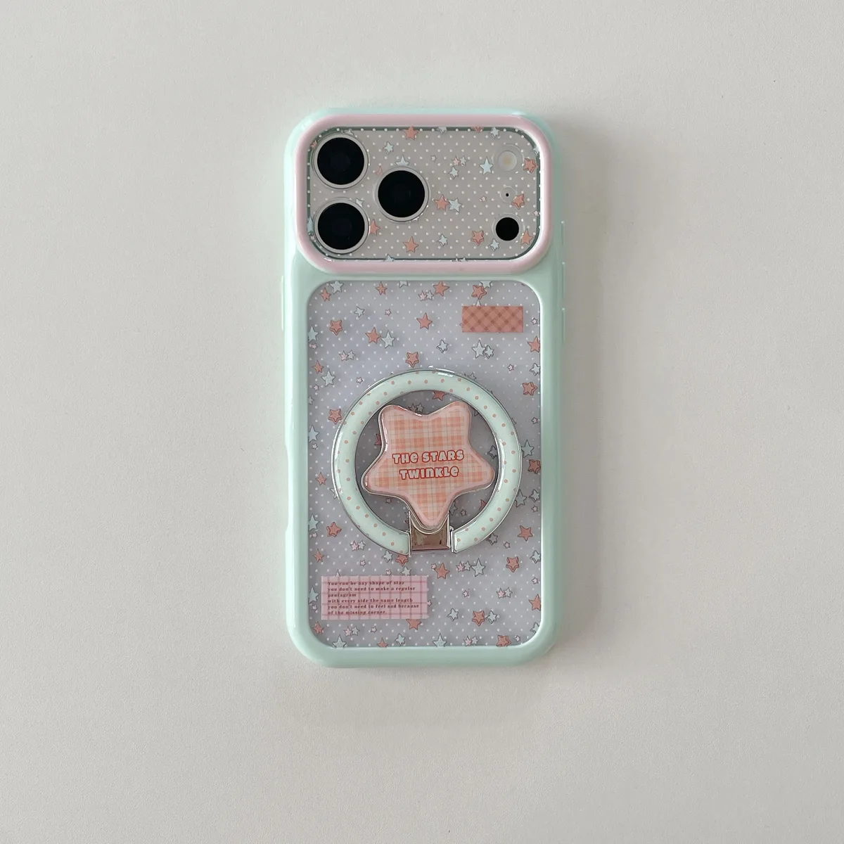 Pastel Star Clear Phone Case with Ring Stand and Beaded Strap for iPhone 17 16 15 Pro Max — MagSafe