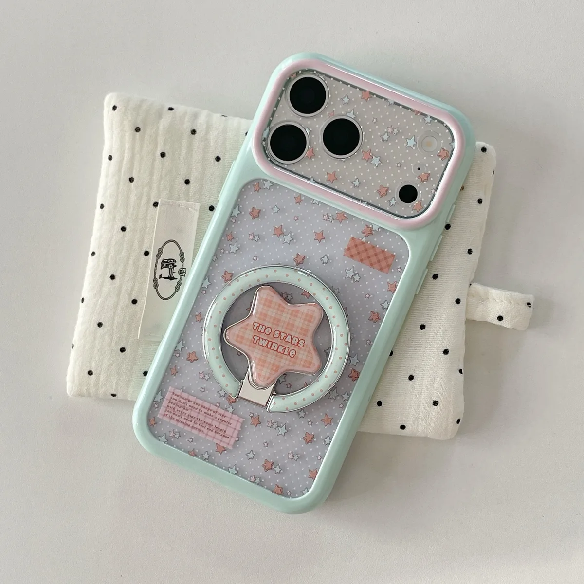 Pastel Star Clear Phone Case with Ring Stand and Beaded Strap for iPhone 17 16 15 Pro Max — MagSafe