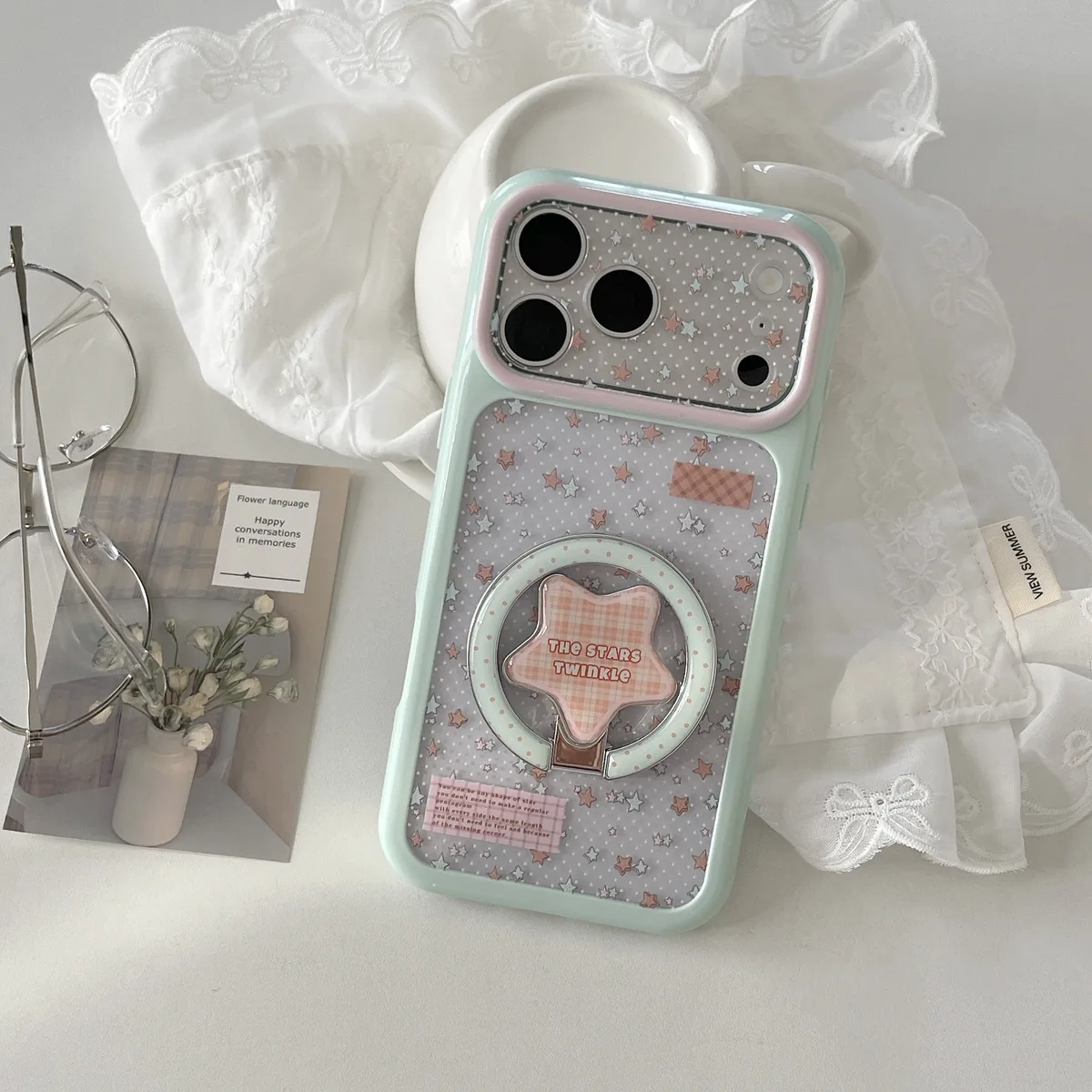Pastel Star Clear Phone Case with Ring Stand and Beaded Strap for iPhone 17 16 15 Pro Max — MagSafe