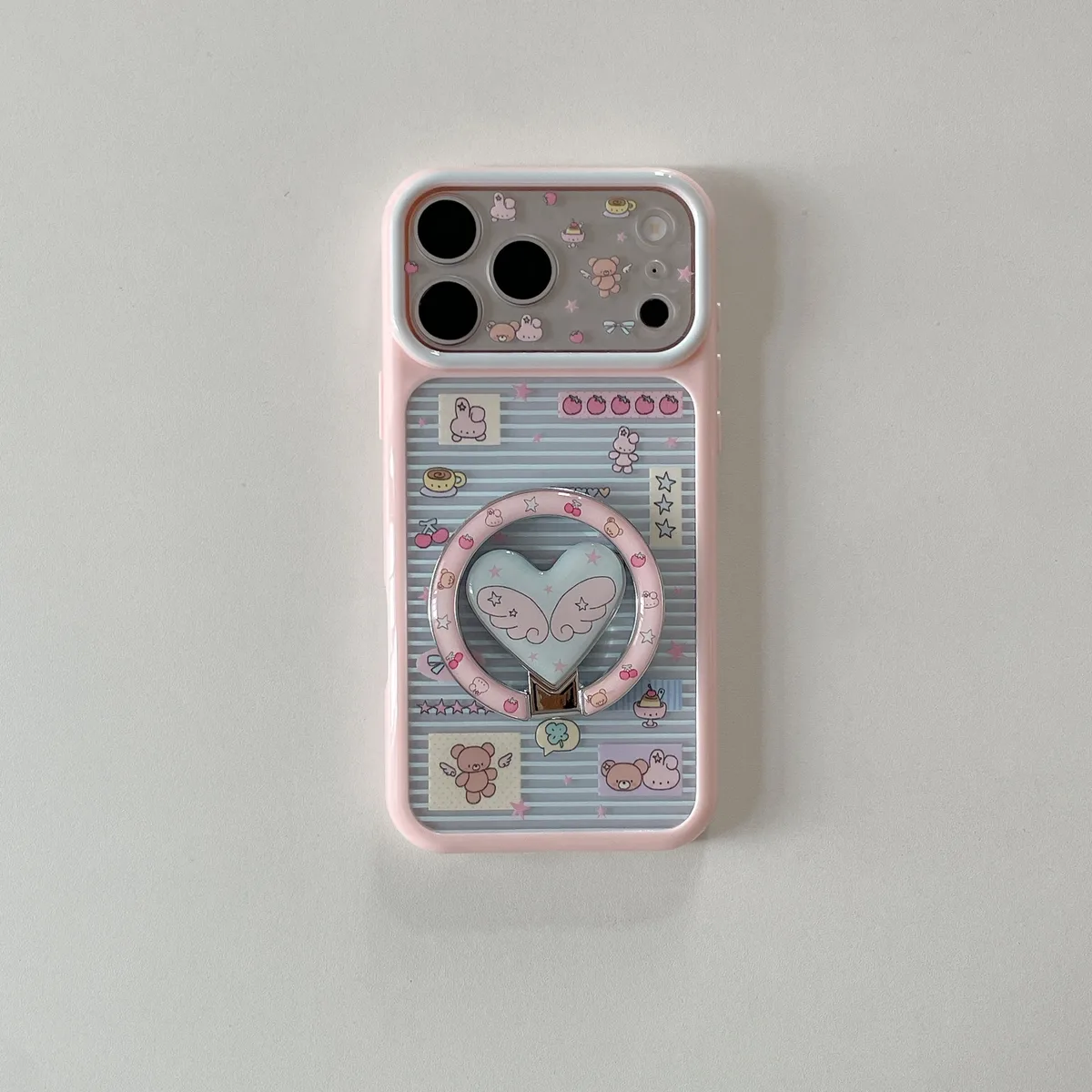 Pastel Kawaii Heart Wing Phone Case with Matching Ring Grip and Strap for iPhone 17 16 15 Pro Max
