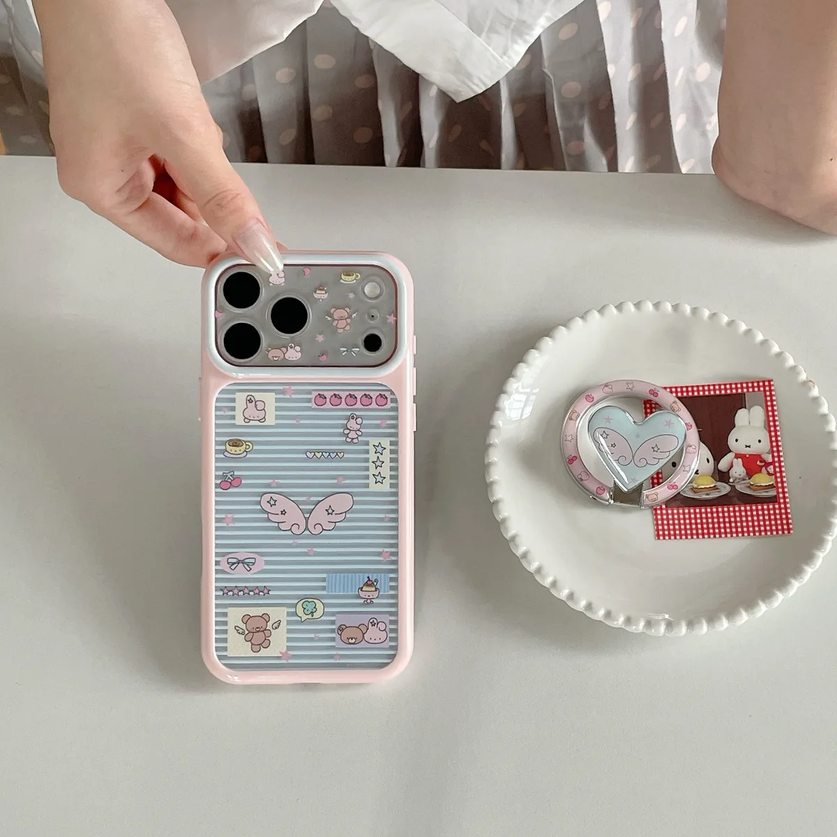 Pastel Kawaii Heart Wing Phone Case with Matching Ring Grip and Strap for iPhone 17 16 15 Pro Max