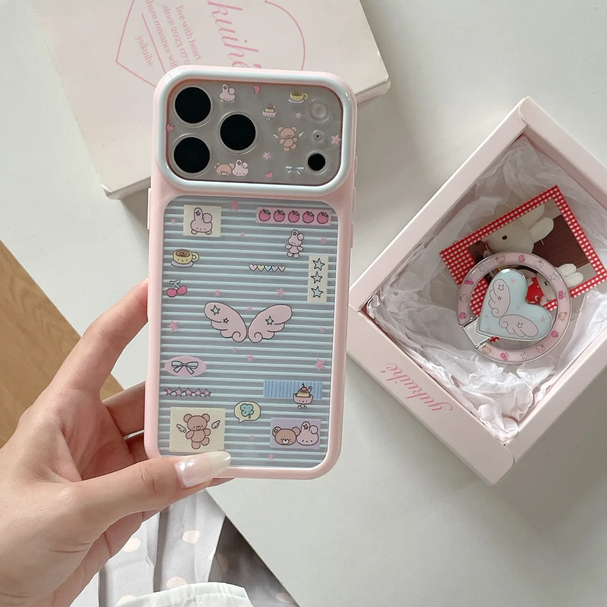 Pastel Kawaii Heart Wing Phone Case with Matching Ring Grip and Strap for iPhone 17 16 15 Pro Max