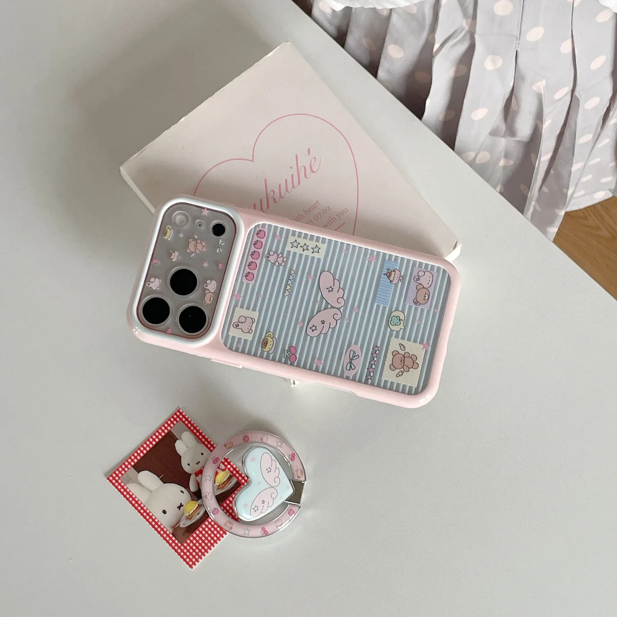 Pastel Kawaii Heart Wing Phone Case with Matching Ring Grip and Strap for iPhone 17 16 15 Pro Max
