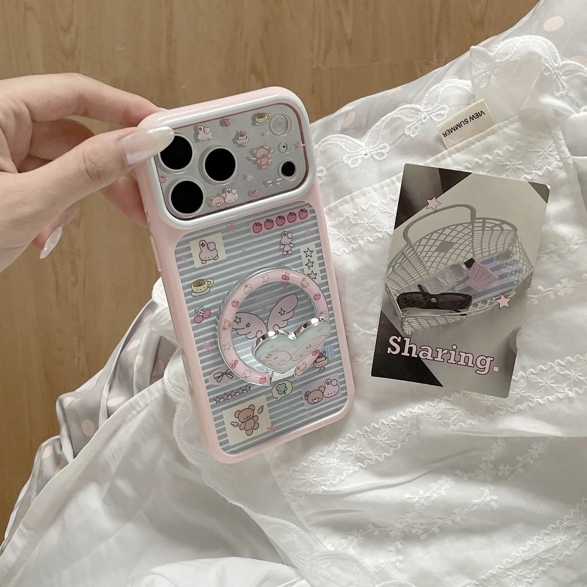 Pastel Kawaii Heart Wing Phone Case with Matching Ring Grip and Strap for iPhone 17 16 15 Pro Max