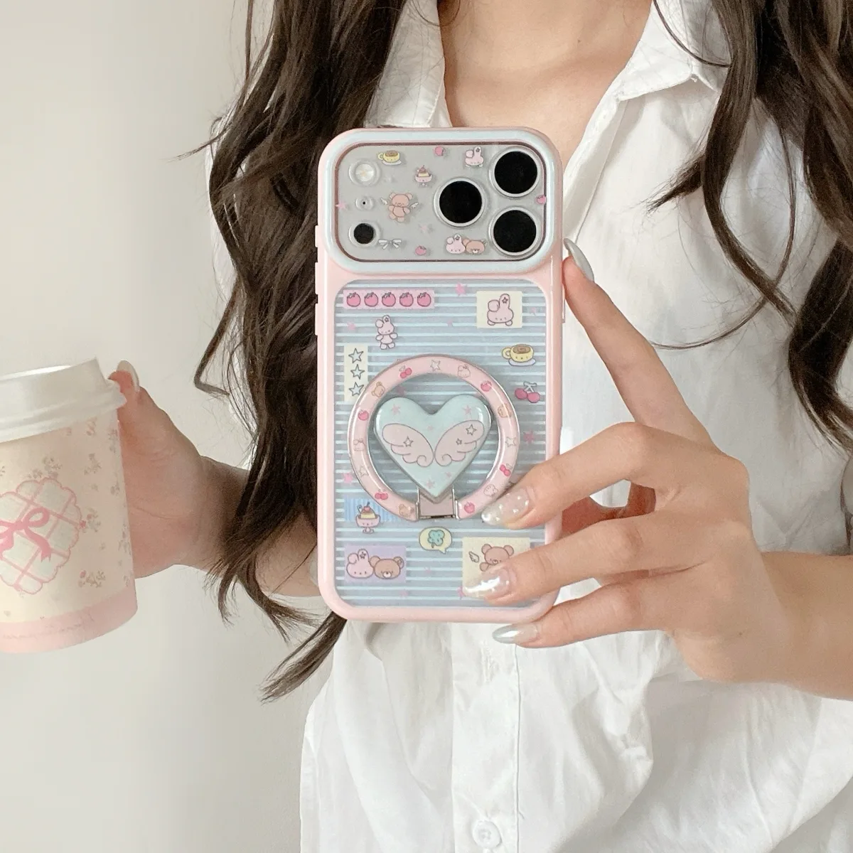 Pastel Kawaii Heart Wing Phone Case with Matching Ring Grip and Strap for iPhone 17 16 15 Pro Max