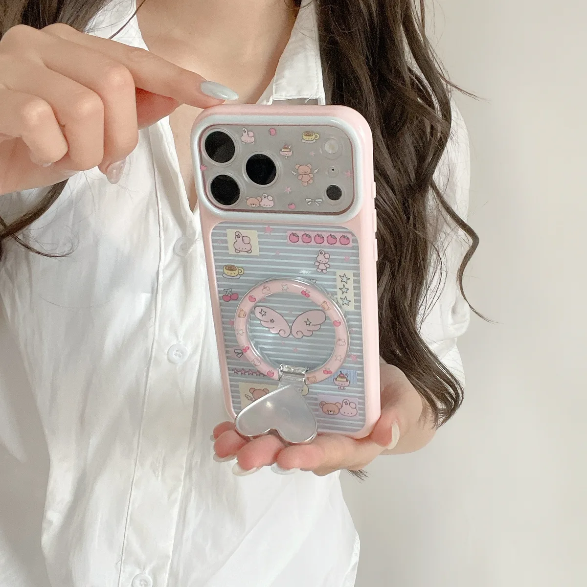 Pastel Kawaii Heart Wing Phone Case with Matching Ring Grip and Strap for iPhone 17 16 15 Pro Max