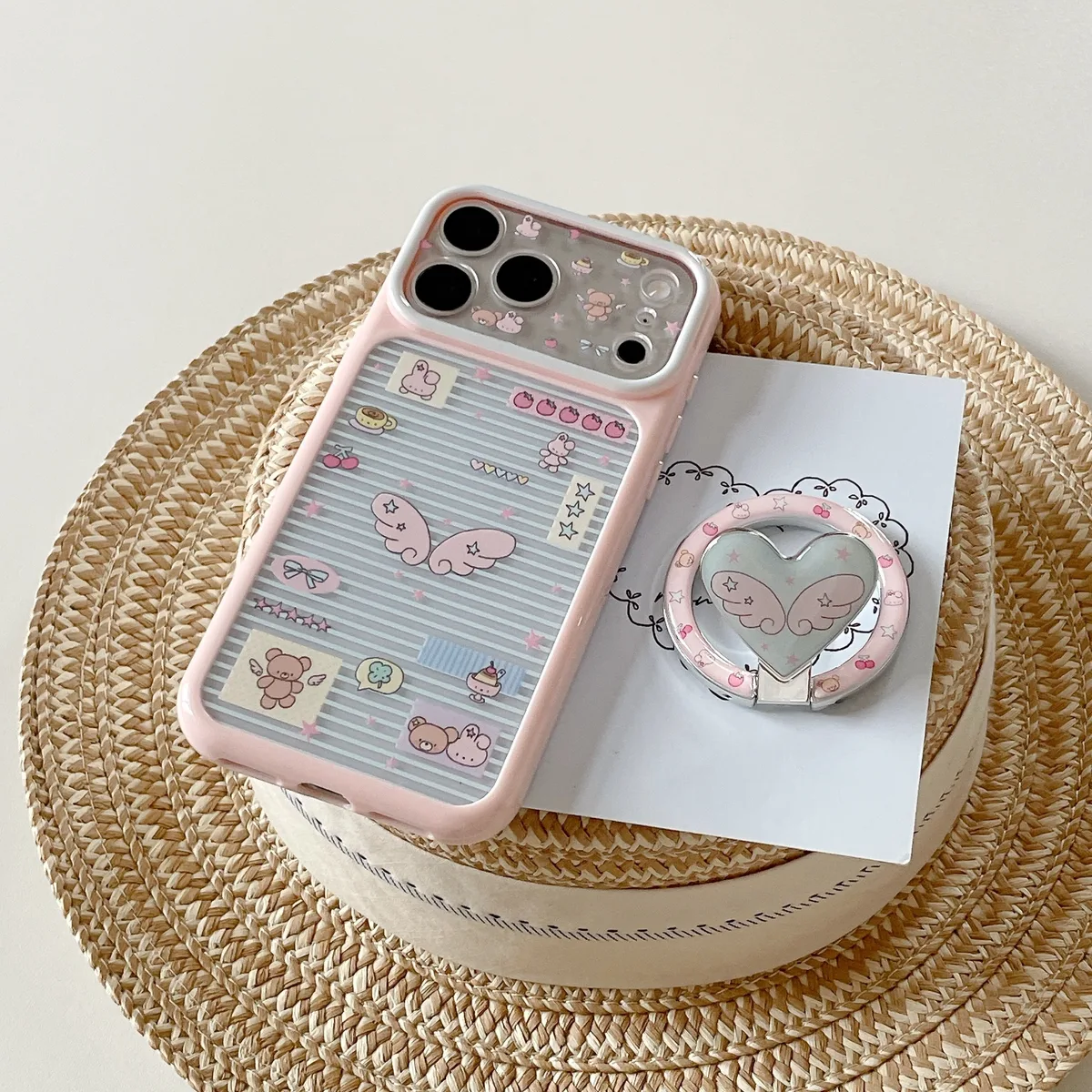 Pastel Kawaii Heart Wing Phone Case with Matching Ring Grip and Strap for iPhone 17 16 15 Pro Max