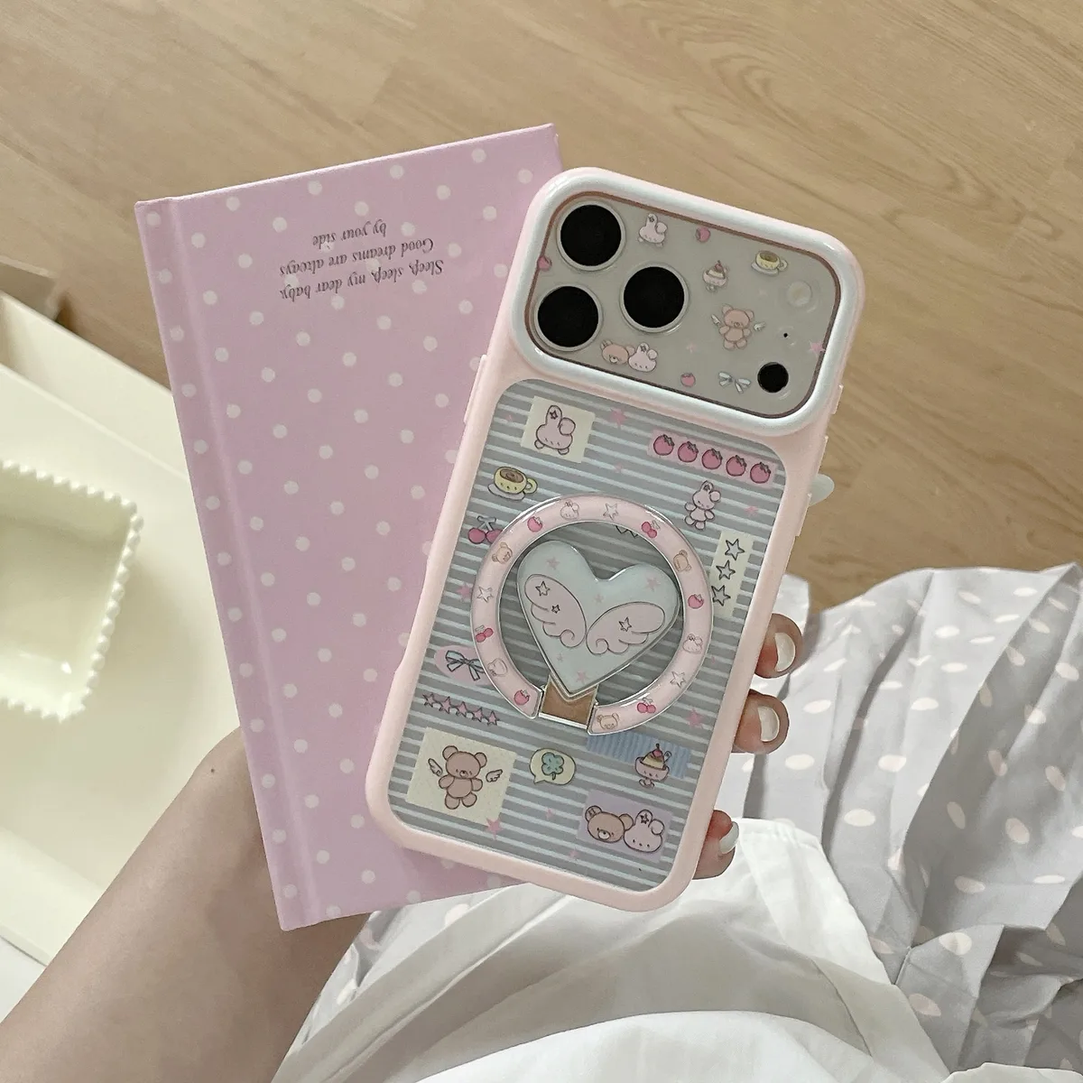 Pastel Kawaii Heart Wing Phone Case with Matching Ring Grip and Strap for iPhone 17 16 15 Pro Max